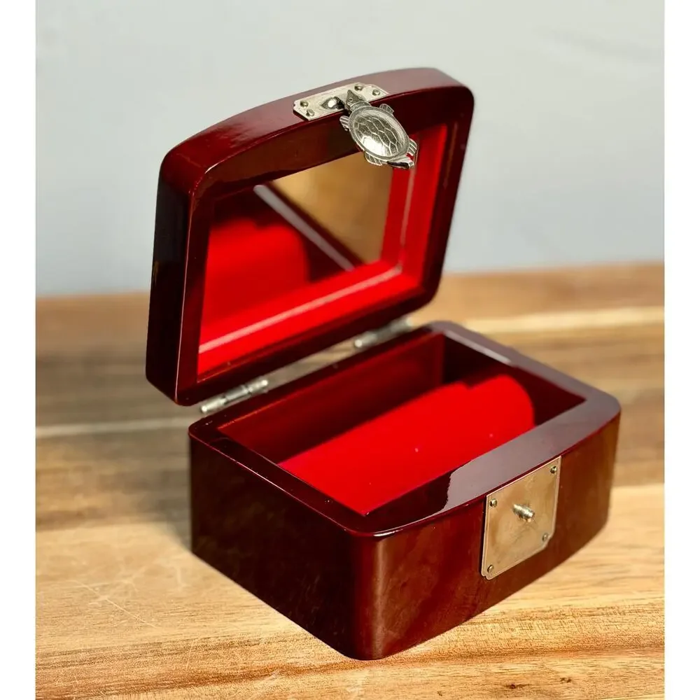 Vintage Lacquer Jewelry Box: Cranes, Turtle Clasp, Red Velvet Lined Asian Decor